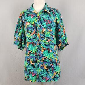 Toucan Dance Hawaiian Shirt Mens XL Black‎ Tropical Toucan Button Up Made USA